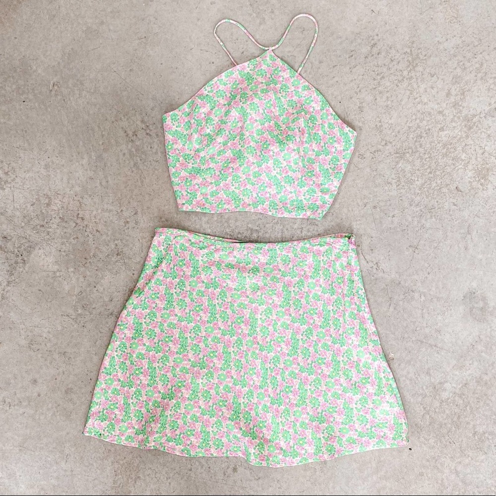 NEW Zara Satin Effect Matching Set Green Pink Floral Size S / M - Picture 4 of 11